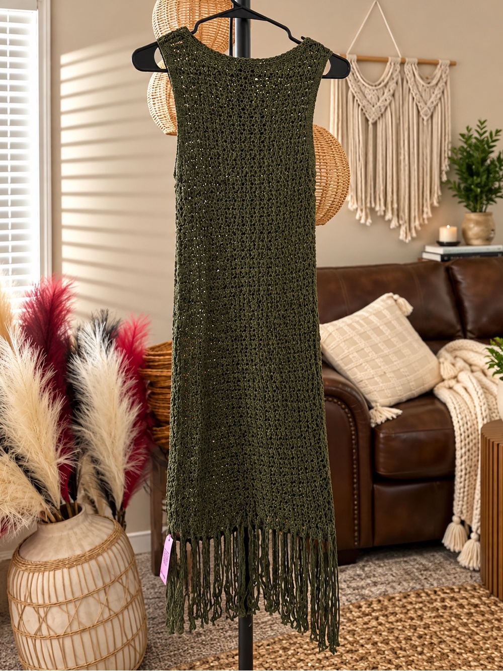 2 PrettyLittleThing Olive Crochet Boat Neck Tassel Mini Dress - Picture 8 of 10